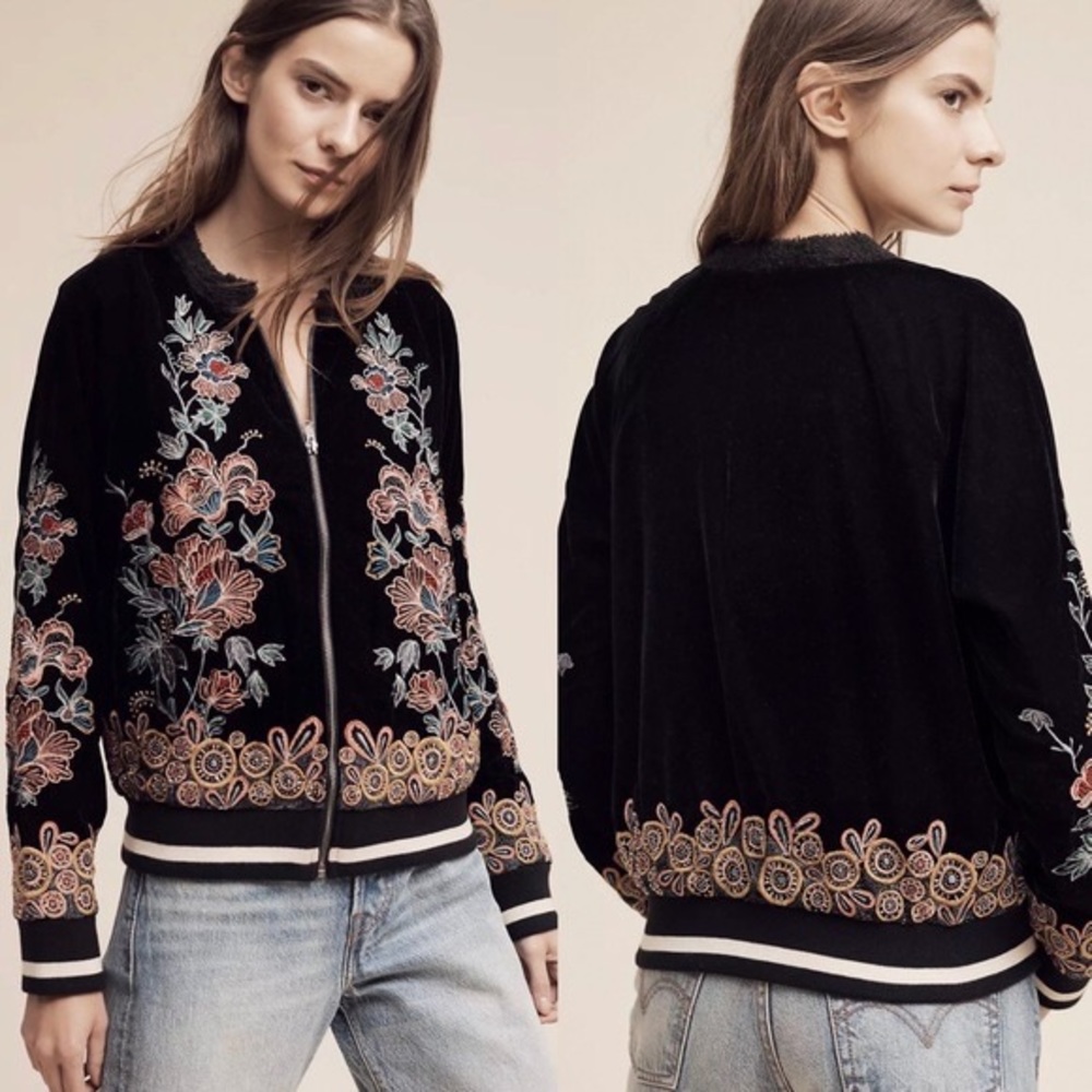 Anthropologie Elevenses Embroidered Velvet Bomber Jacket Sz Small Retails $158